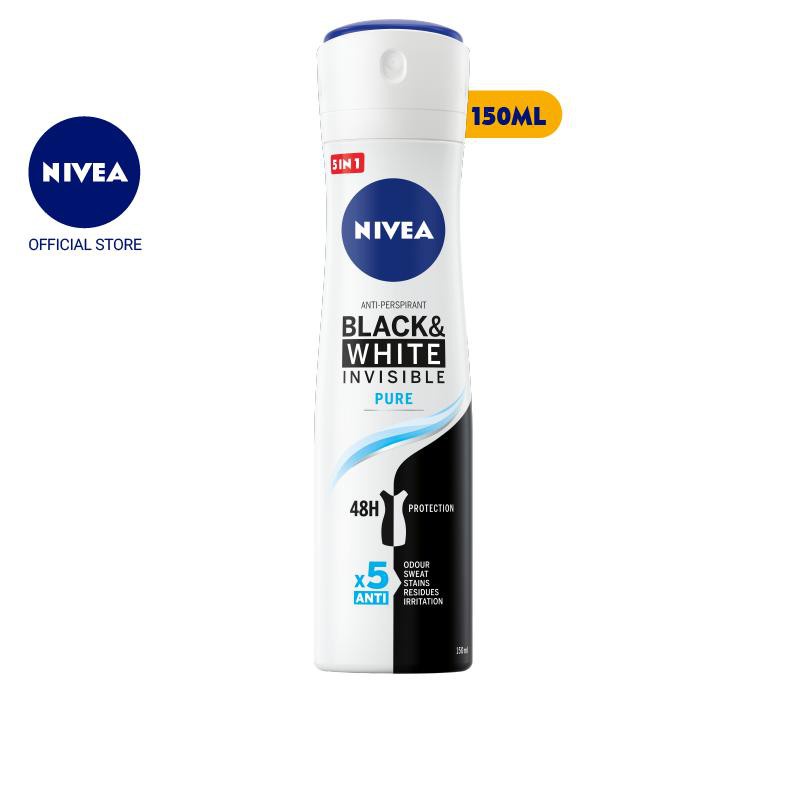 Xịt ngăn mùi NIVEA Black &amp; White 5in1 ngăn vệt ố vàng vượt trội (150ml)