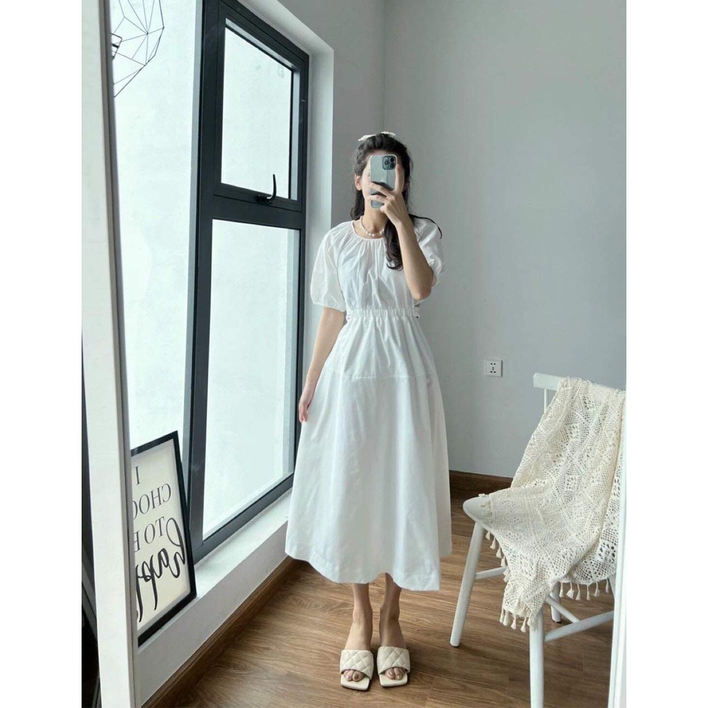Đầm trắng midi thô lụa cắt eo buộc dây đi chơi đi biển V2689 Aholic