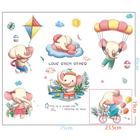 Decal trang trí tường - Những chú voi hồng