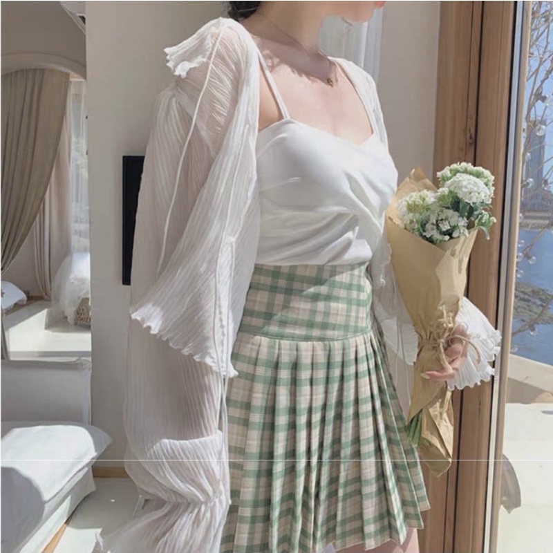 SET 3 MÓN : ÁO KHOÁC TAY LOE NƠ + ÁO 2 DÂY + CHÂN VÁY CARO