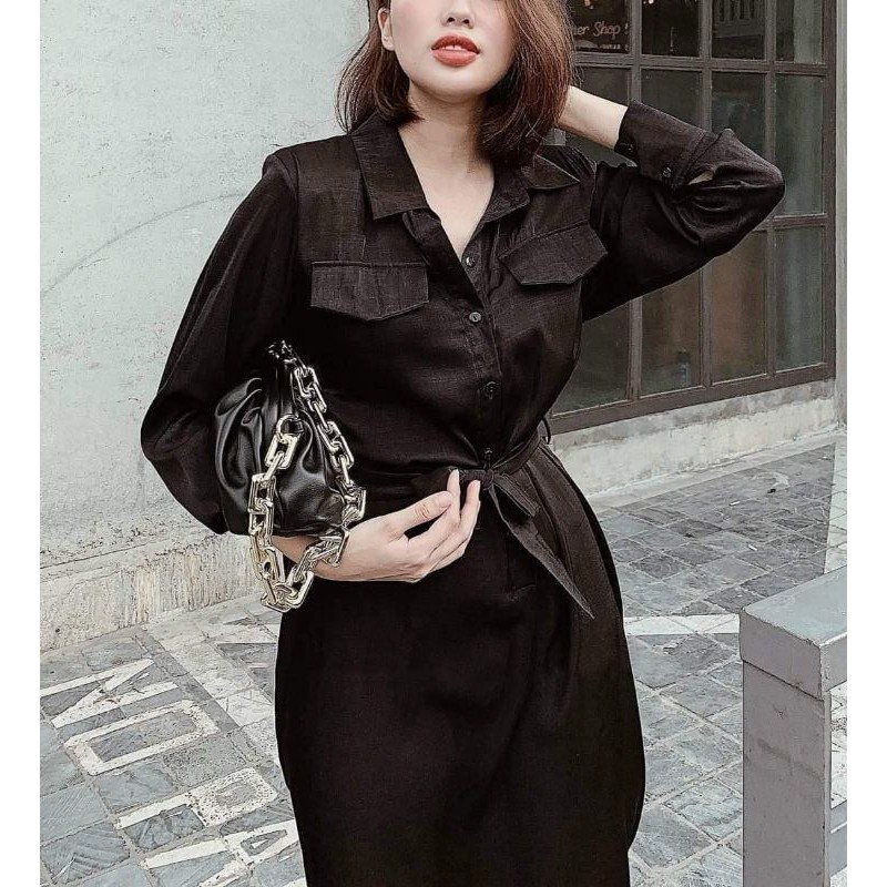 Đầm sơmi dáng suông xẻ tà