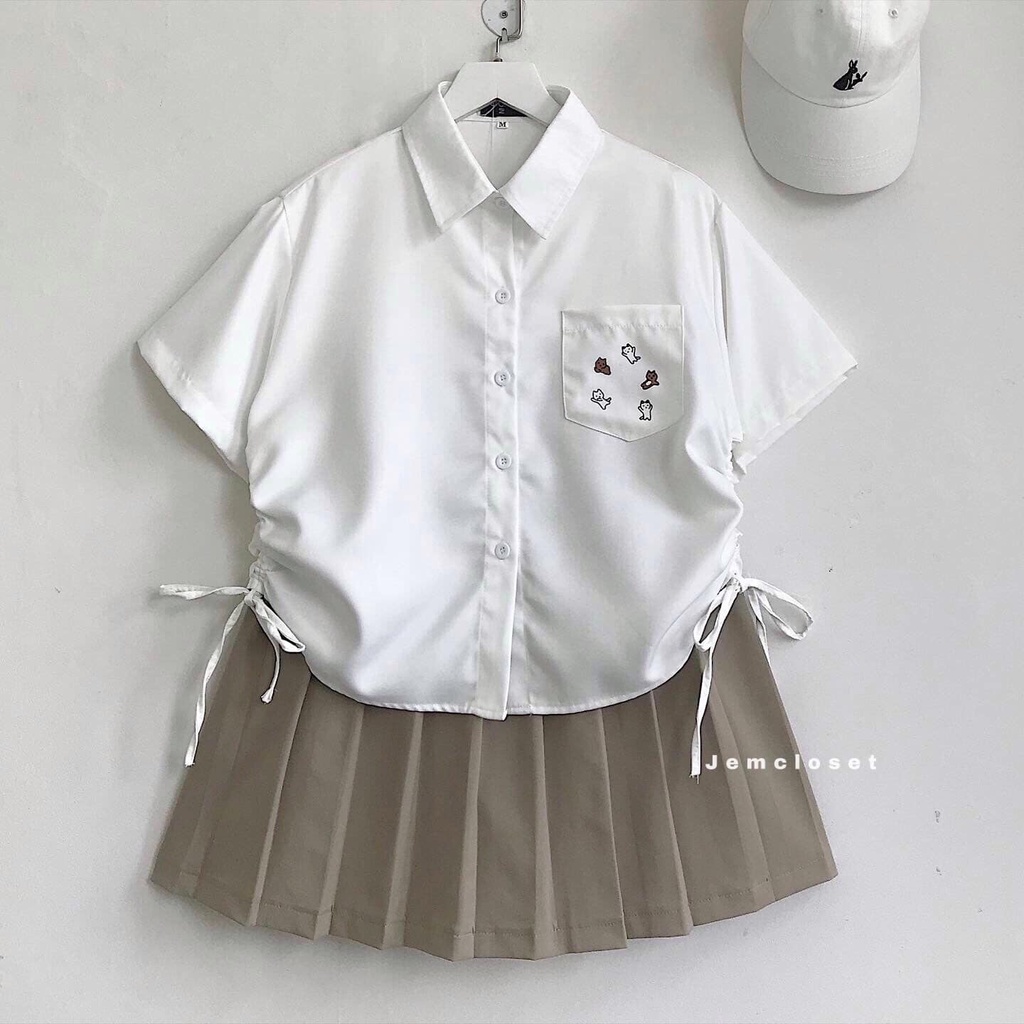 Áo Sơ Mi Croptop Nữ JEMCLOSET Áo Croptop Nữ KOS Hai Màu Trắng Đen Thiết Kế Dây Rút Eo Mix Với Chân Váy Siêu Cute 10045