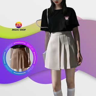 Chân váy chữ A ngắn xếp ly lưng cao, Chân váy ngắn xếp li công sở cạp cao có quần trong chống lộ