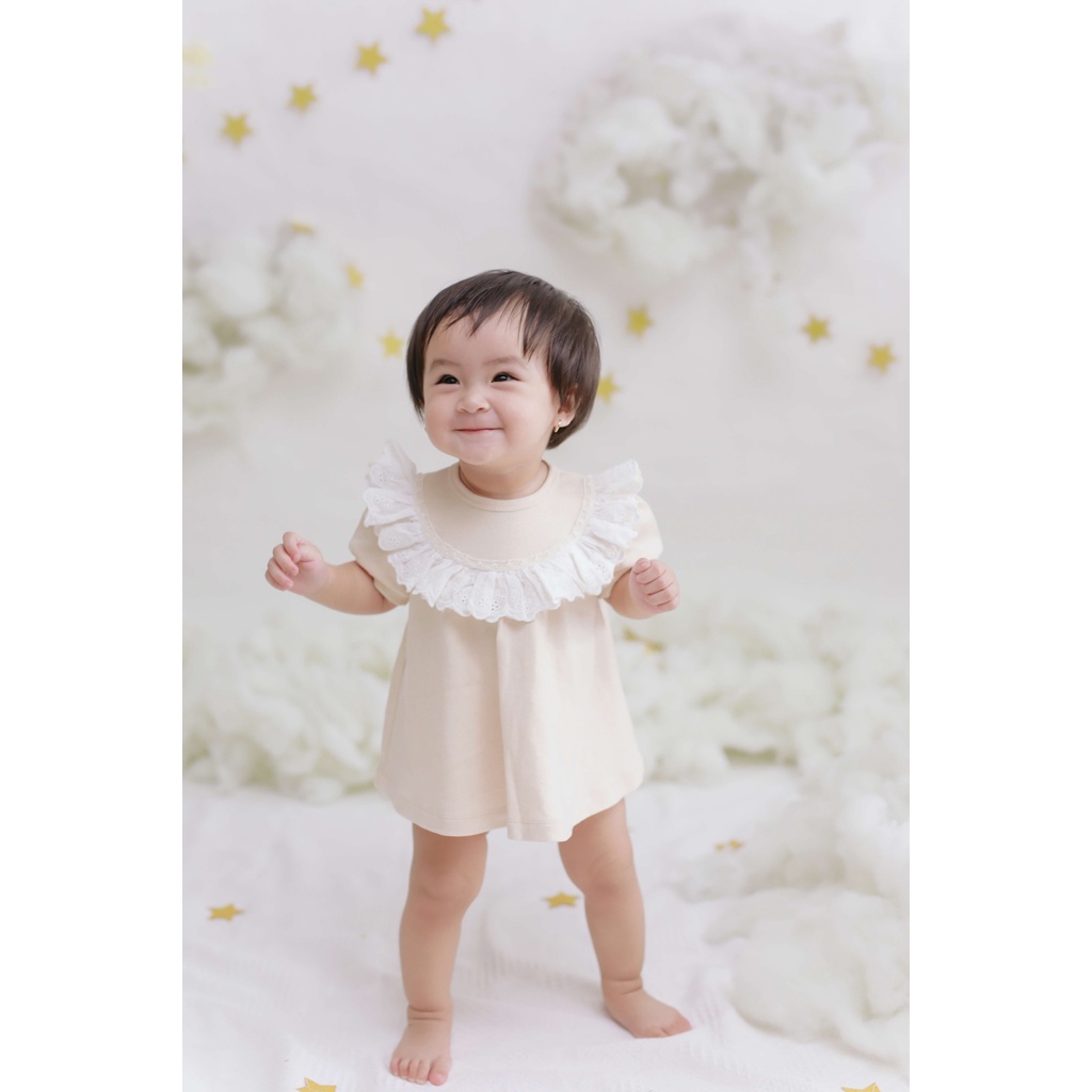 Áo đầm phối ren viền tròn bé gái xinh xắn Bobi Craft - Cotton hữu cơ organic an toàn