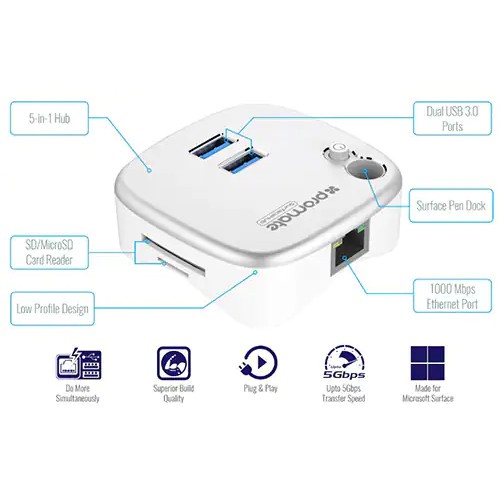 Bộ Hub chuyển đổi Promate Surfacehub USB 3.0 / RJ45 / SD / MicroSD Đa Năng cho Surface