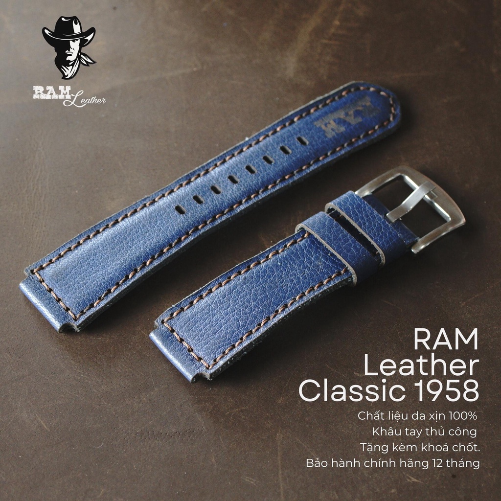 Dây Đồng Hồ Da Thật RAM Leather 1958 Cho Casio AE 1200 WHD và đồng hồ dây 18mm Da Bò Mill Xanh Navy  Bền Đẹp