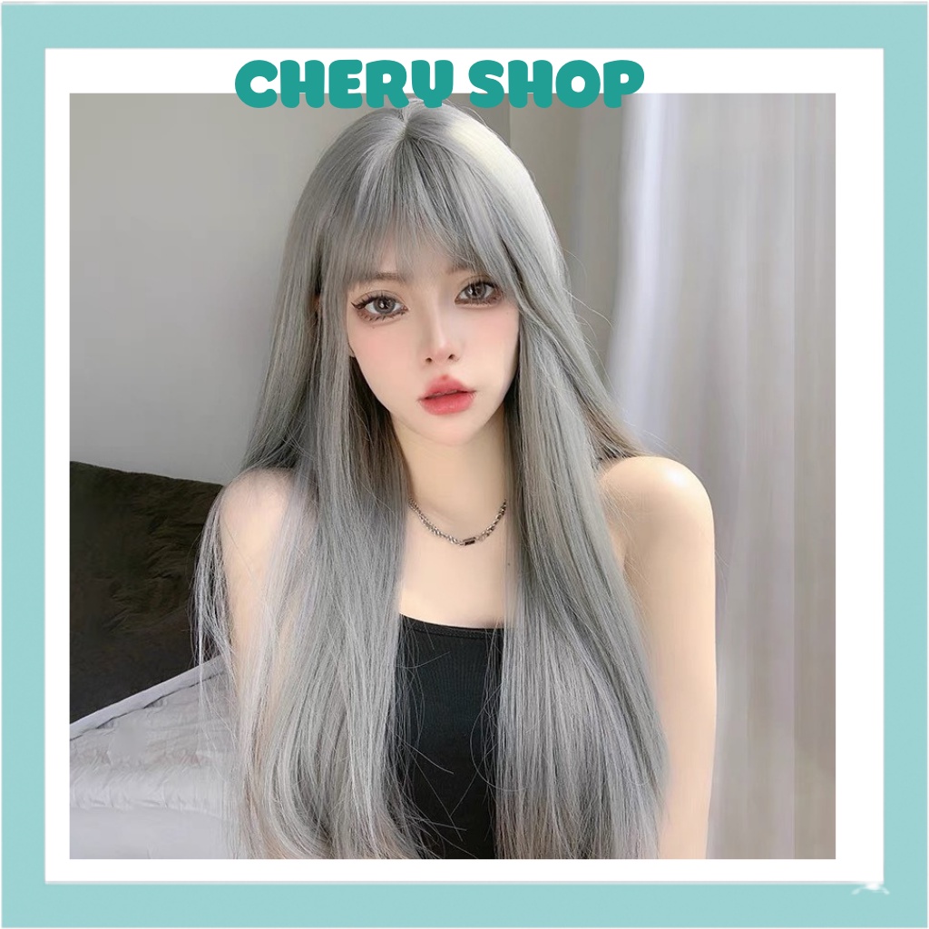 Tóc giả nguyên đầu thẳng dài màu xám khói tự nhiên tặng kèm lưới trùm wig mã z7007