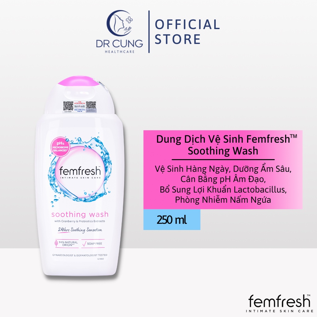 Femfresh Soothing Wash (Màu Hồng) - Dung Dịch Vệ Sinh Phụ Nữ, Bổ Sung Lợi Khuẩn, Dưỡng Ẩm (250ml) [Chính Hãng UK]