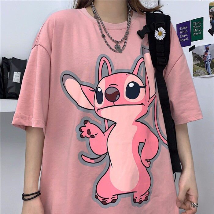 [Free Size Đến 65kg] Áo Thun Form Rộng In Hình Stitch Màu Hồng Cute