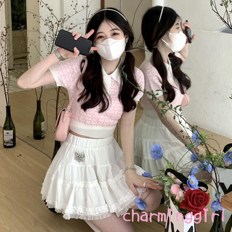 Áo Croptop Dệt Kim Tay Ngắn 1 / 3 Nút In Họa Tiết Trái Tim Đơn Giản Thời Trang Mùa Hè Cho Nữ