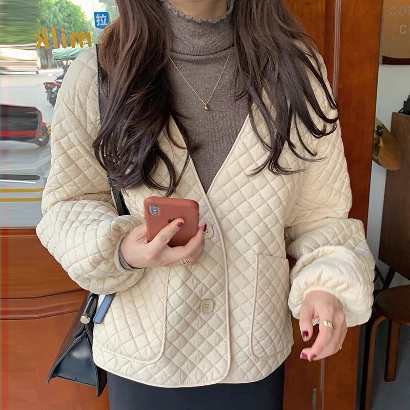 Áo khoác cổ V may trám phong cách retro hàn quốc