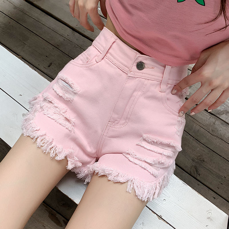 Quần bò rách siêu ngắn Fashion perforated raw edge denim shorts women fashion 2020 summer new Korean high waist slim pink hot pants