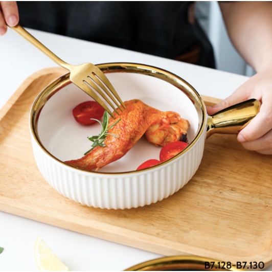 Thố có tay cầm - màu trắng, hồng và xanh cổ vịt viền vàng - đựng salad, snack và decor bàn ăn