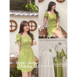 Váy vải trượt cổ yếm cộc tay bo chun xanh/trắng, Đầm cổ yếm bo chun - Dorita Boutique
