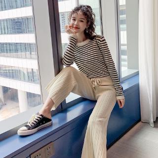 Set Áo Sweater Tay Dài Kẻ Sọc + Quần Ống Rộng Phong Cách Hàn Quốc