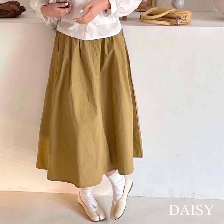 Chân váy Daisy dáng midi chất thô kaki xòe nhẹ có cạp chun sau CV1850