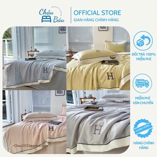Bộ chăn ga gối phi lụa thêu chữ H cao cấp-Châu báu bedding