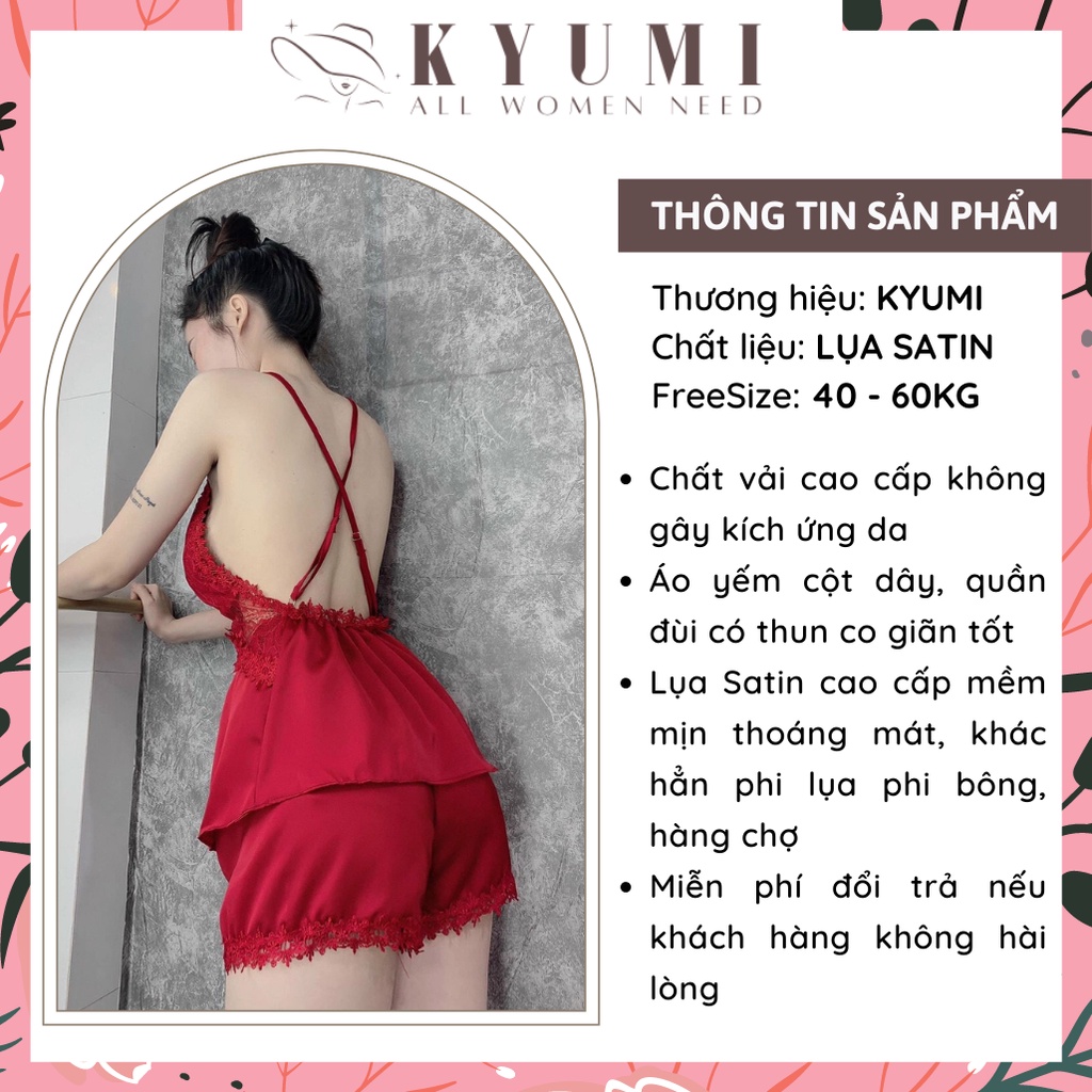 Đồ ngủ sexy đồ ngủ 2 dây chéo lưng phối ren KYUMI OFFICIAL, chất liệu lụa satin, freesize 40-60kg tùy chiều cao 009 | BigBuy360 - bigbuy360.vn