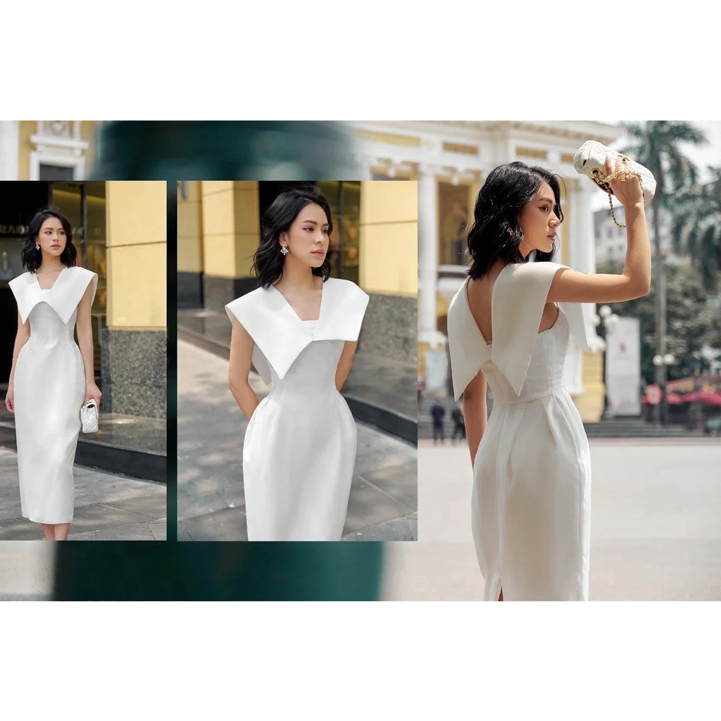 Đầm ôm body dáng dài sát nách phối bèo cổ (HÀNG CAO CẤP)