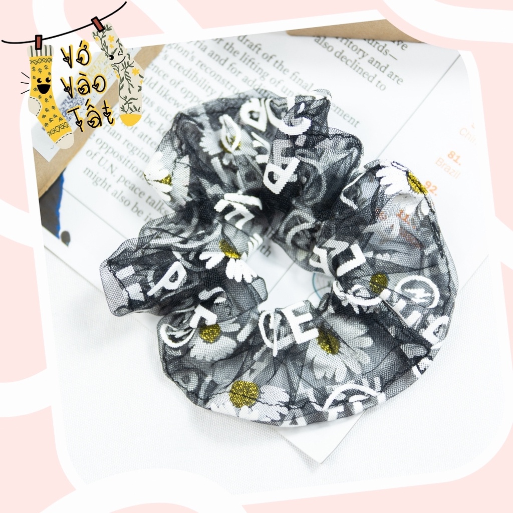 Buộc tóc scrunchies voan lưới xuyên thấu họa tiết ánh kim độc đáo