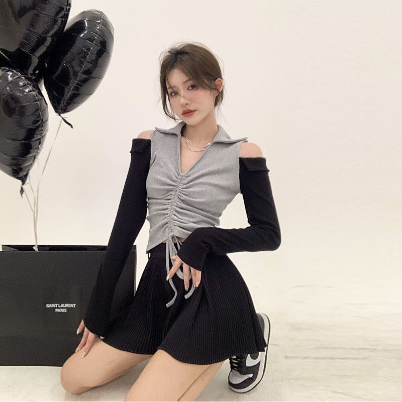 Áo Thun Dài Tay Trễ Vai Cổ Chữ V Eo Cao Phối Dây Rút JL-TX-527