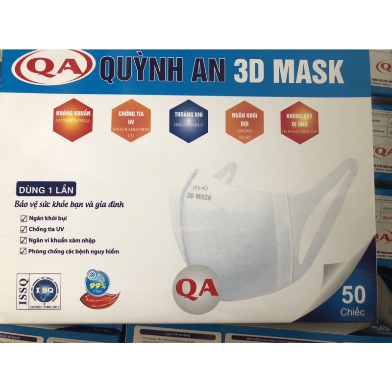 Khẩu Trang 3D Quỳnh An Hàng Chính Hãng Hộp 50 Chiếc Quai Vải Chống Đau Khi Đeo