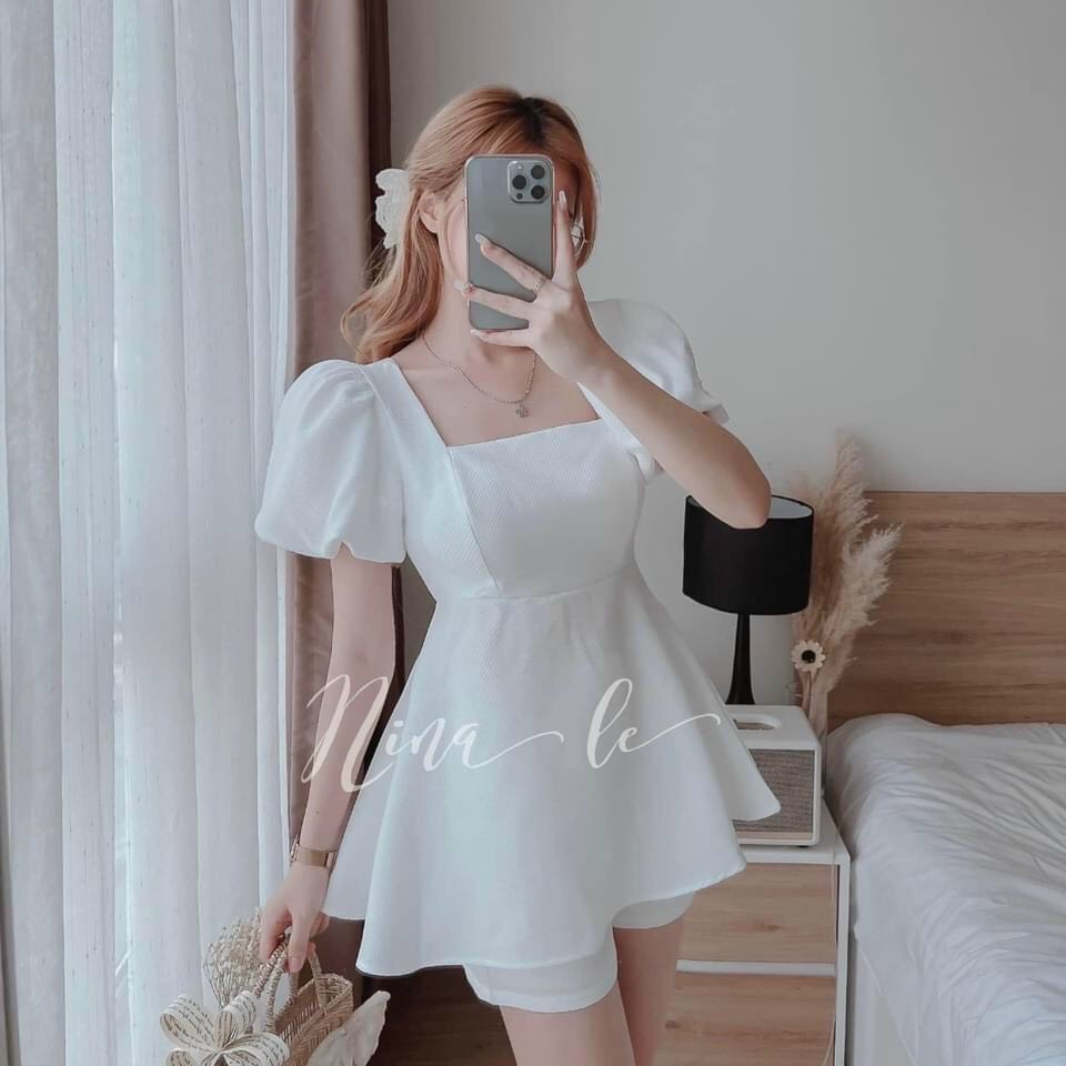 Sét đồ bộ nữ dễ thương áo tay phồng cổ vuông cột nơ lưng kèm quần đùi trẻ trung