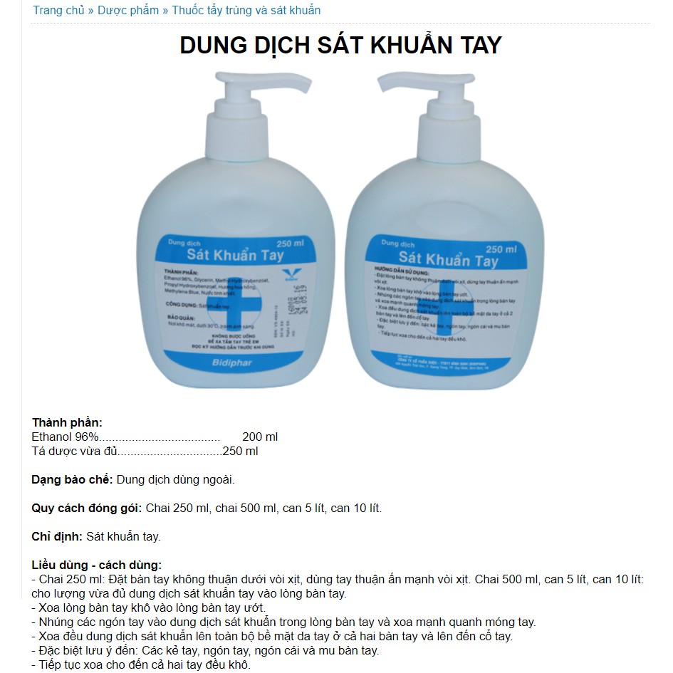 Dung dịch sát khuẩn tay Bidiphar 250 ml/chai - Dung dịch rửa tay khô diệt khuẩn không cần rửa lại bằng nước