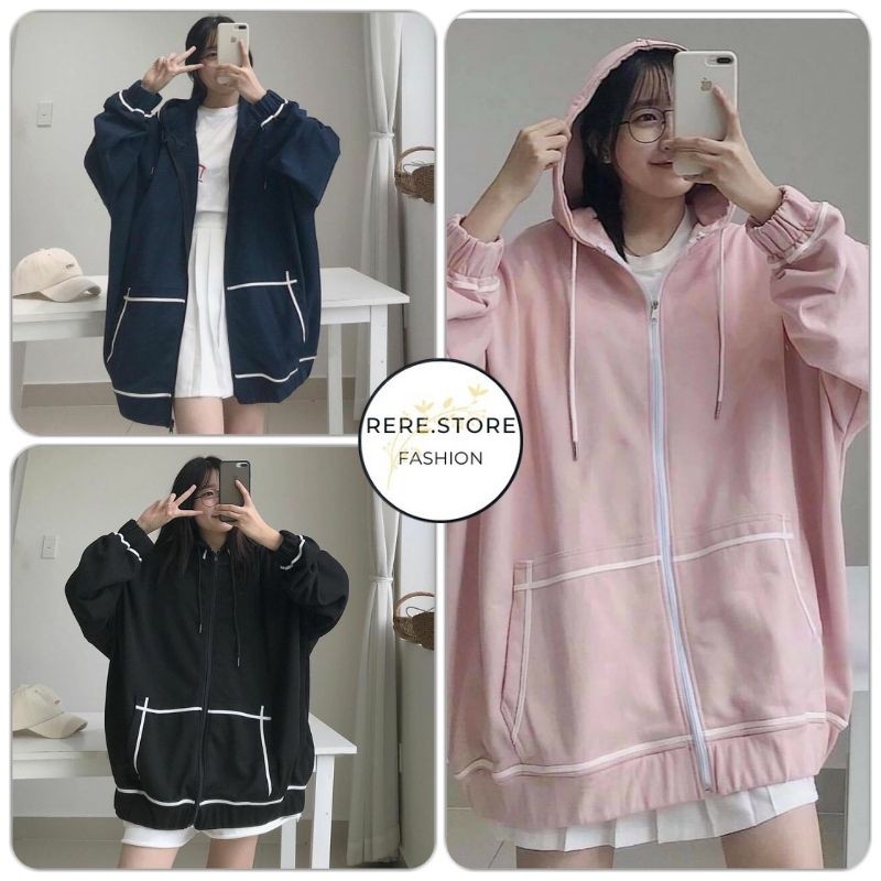 Áo Khoác Hoodie Zipper Kẻ Viền Túi Nữ - Rere.Store [FREESHIP] - Áo nỉ dài tay form rộng dáng suông, thiết kế chạy viền
