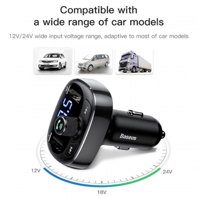 Tẩu sạc nhanh cho xe hơi ôtô Baseus T-Typed Wireless MP3 Car Charger, kiêm máy phát MP3, hỗ trợ nghe gọi rảnh tay