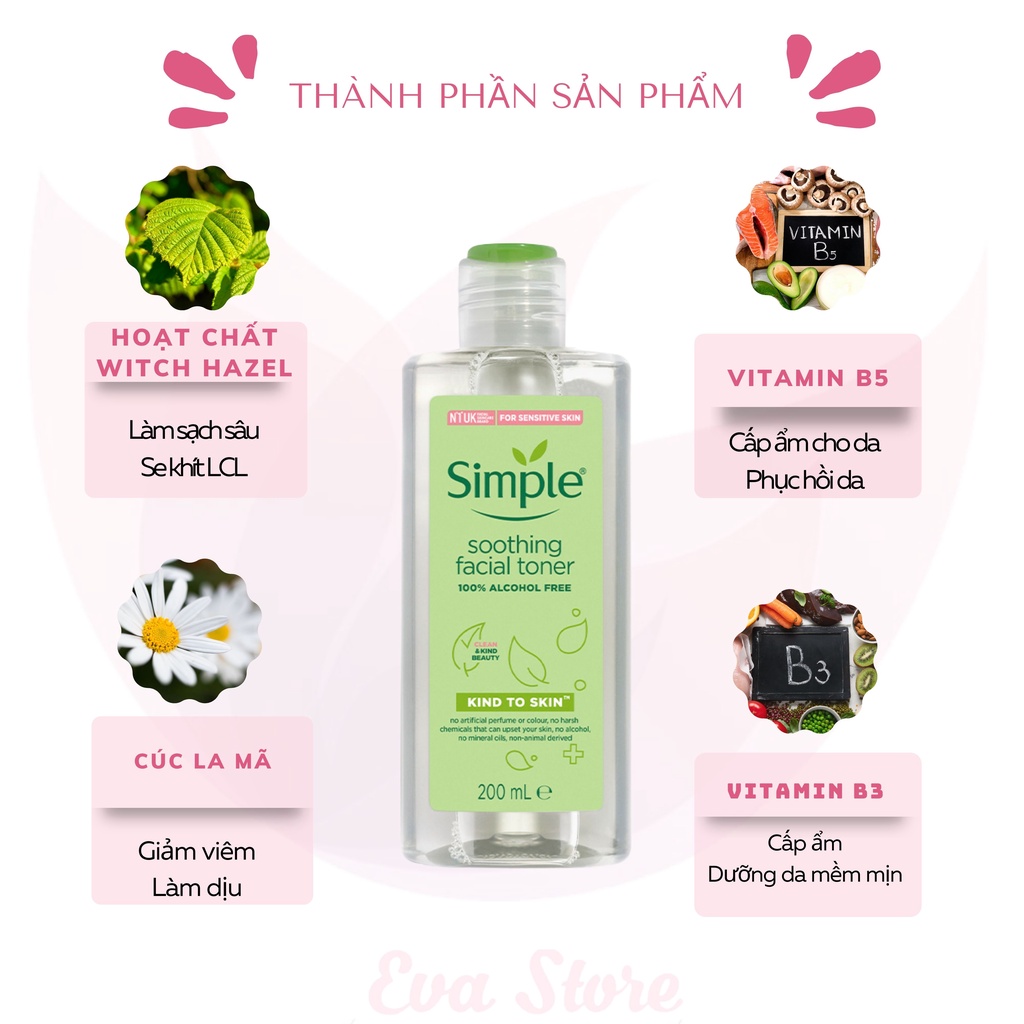 [Nhập khẩu] Nước Hoa Hồng Không Cồn Làm Dịu Da Simple Kind To Skin Soothing Facial Toner 200ml