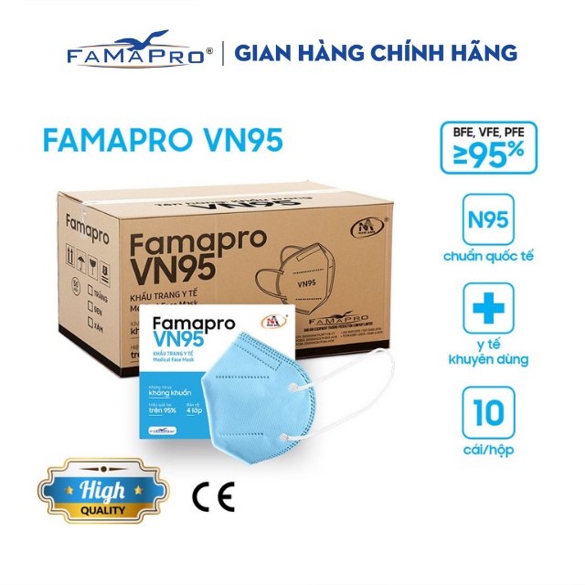 [VN95- HỘP 10 CÁI] Khẩu trang y tế kháng khuẩn cao cấp 4 lớp Famapro VN95