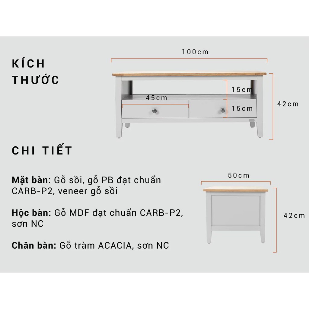 Bàn Sofa Gỗ Sồi MOHO BOSTON 901 Màu Gỗ Tự Nhiên Có Ngăn Kéo