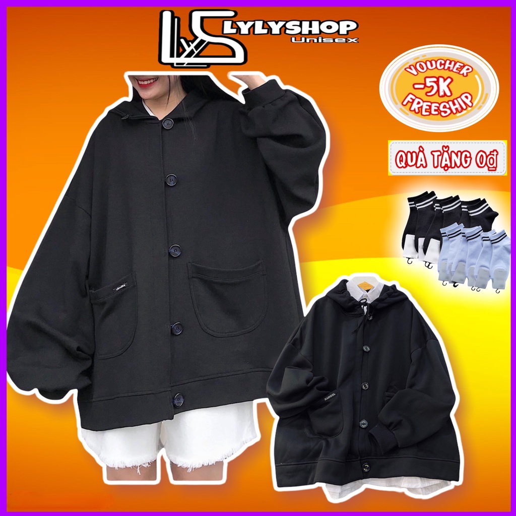 Áo khoác nỉ 355 LylyshopUnisex, kiểu áo nỉ hoodie có mũ nam nữ cài cúc oversize form rộng tay phồng có túi chất nỉ bông