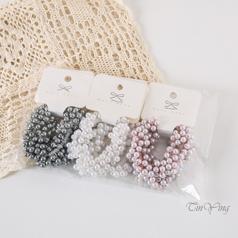 GETNOIVAS Set 2 Dây Cột Tóc Dày Co Giãn Màu Trơn Đính Ngọc Trai Toàn Diện Độ Co Giãn Cao