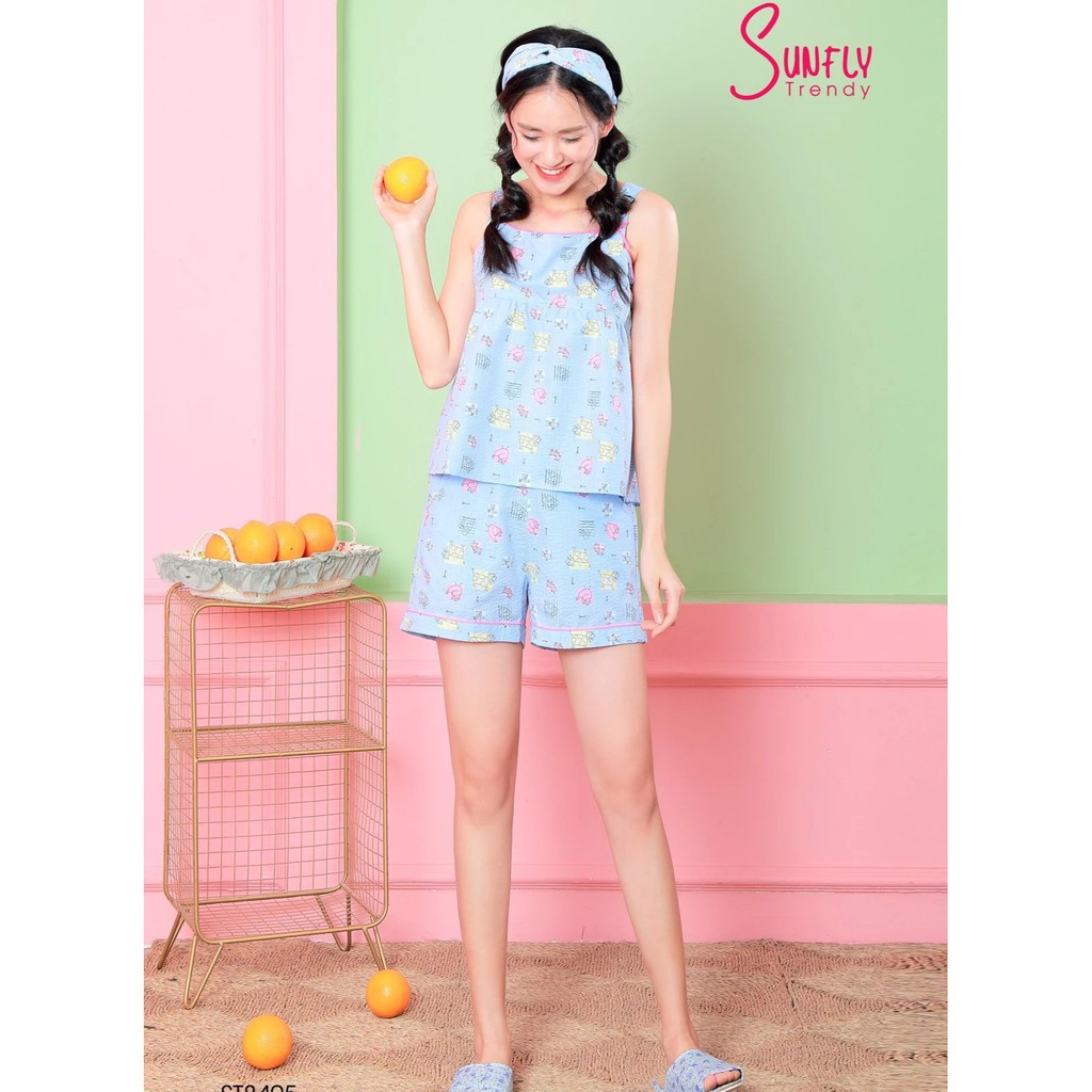 Bộ đồ thô kate áo dây quần sooc mặc nhà Sunfly ST8405 | BigBuy360 - bigbuy360.vn