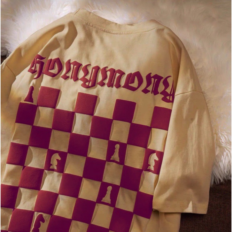 Áo phông nam nữ form rộng 2N Unisex thun cotton in Bàn cờ trắng/xanh/be