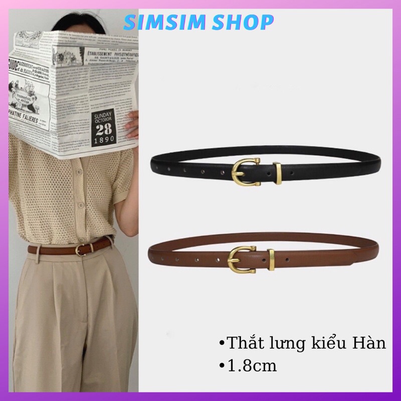 Dây thắt lưng nữ nhỏ da đẹp Sim Sim Shop TL024 1.8cm dây nịt nữ mặt vàng tròn kiểu hàn quốc đi học làm