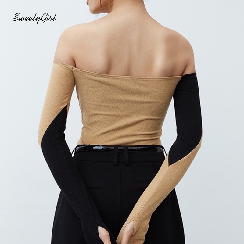 Áo croptop tay dài trễ vai màu sắc tương phản quyến rũ cho nữ