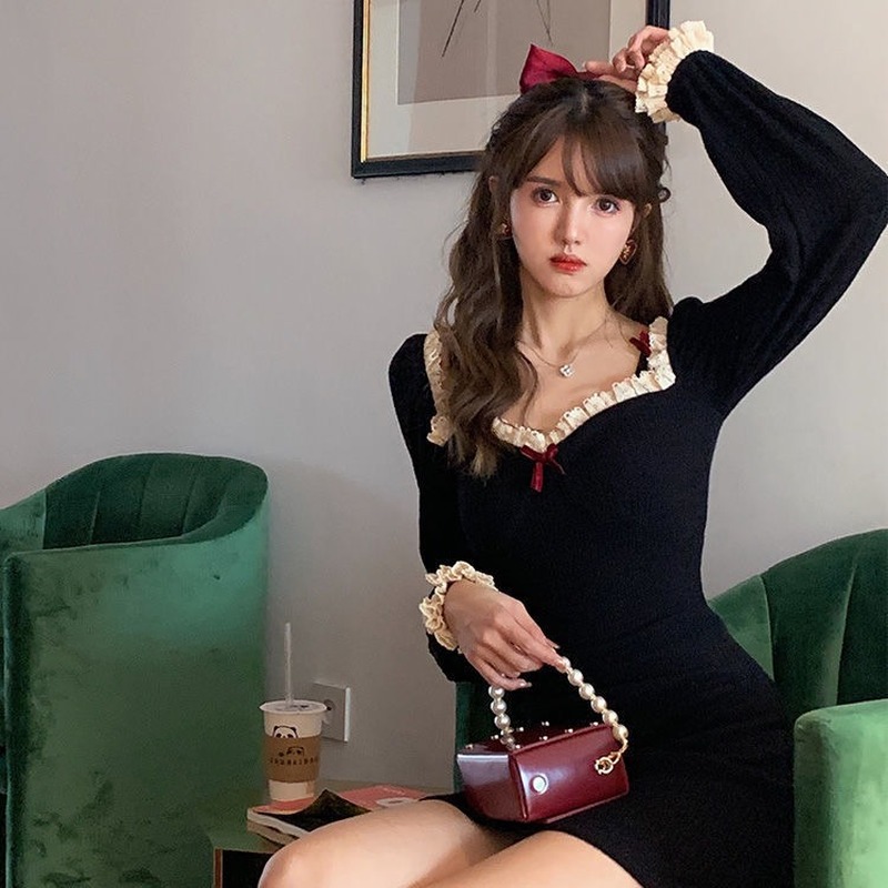 Đầm Ren Tay Dài Dáng Ôm Thời Trang Phương Tây Kiểu Hàn Quốc Cho Nữ đầm bầu váy nữ váy bé gái váy dài chân váy dài váy nữ chân váy dài