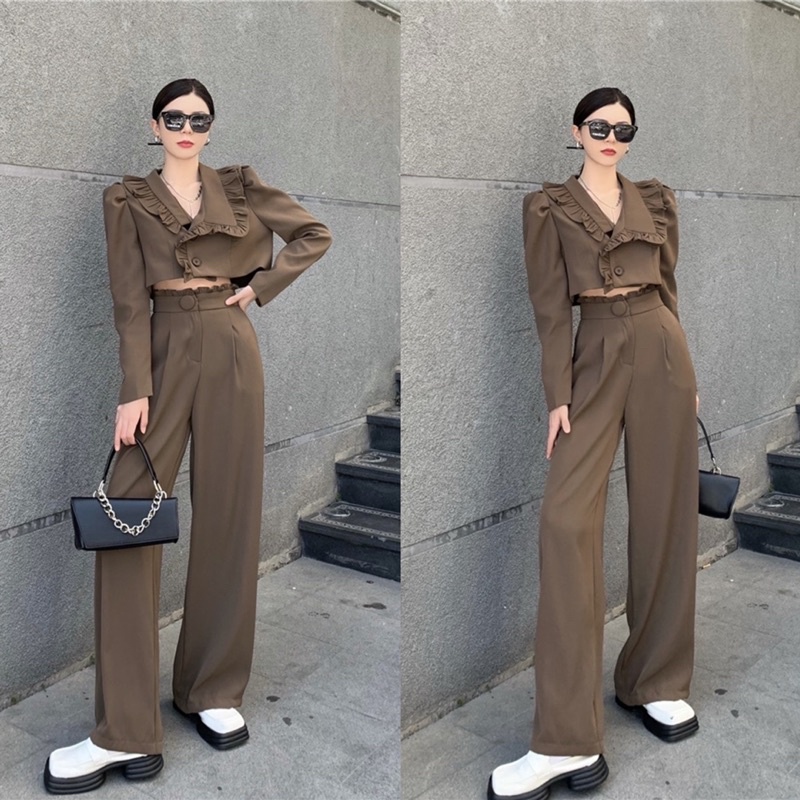 Set áo cổ bèo to và quần vải suông viền cá tính Aimee closet