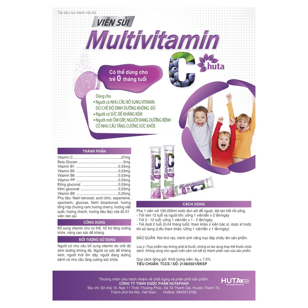 Sủi bổ sung 9 loại vitamin & khoáng chất Multivitamin Huta tăng sức đề kháng tuýp 20 viên