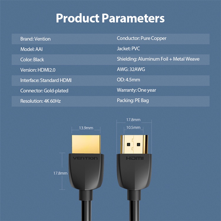 VENTION siêu mỏng hỗ trợ 4K 60Hz 3D Dây cáp HDMI 2.0  đầu mạ vàng cho TV/PS4