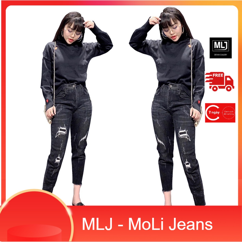 Quần jeans nữ 9 tấc BigSize Nữ rách vá đắp, lưng cao, màu xám đen 4267 MLJ