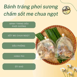 Bánh tráng phơi sương chấm sốt me chua ngọt, bánh tráng dẻo, sốt me, đậu phộng, hành phi - nhà phởn