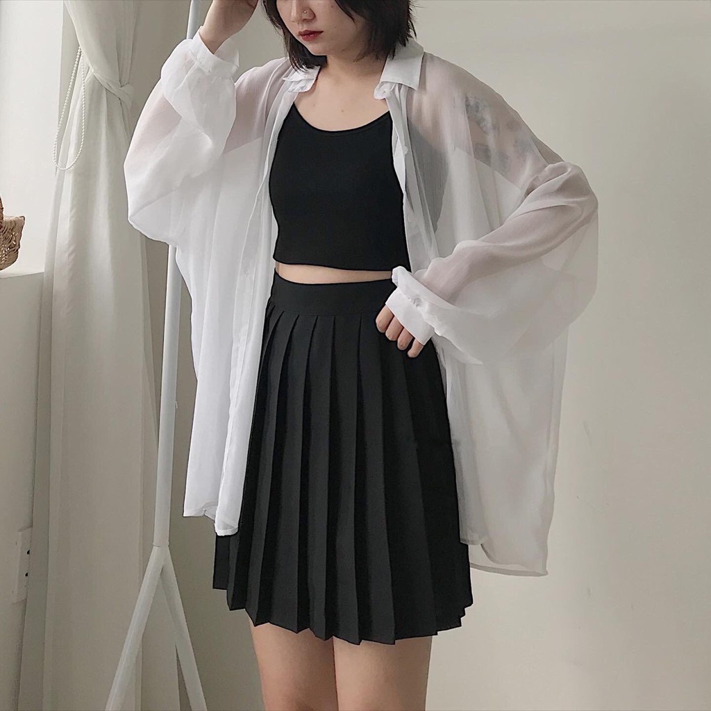 Áo Sơ Mi Nữ Form Rộng Sơ Mi Lưới Tay Dài Trơn Basic Khoác Ngoài Cá Tính Ulzzang DING Màu Đen Màu Trắng 1251