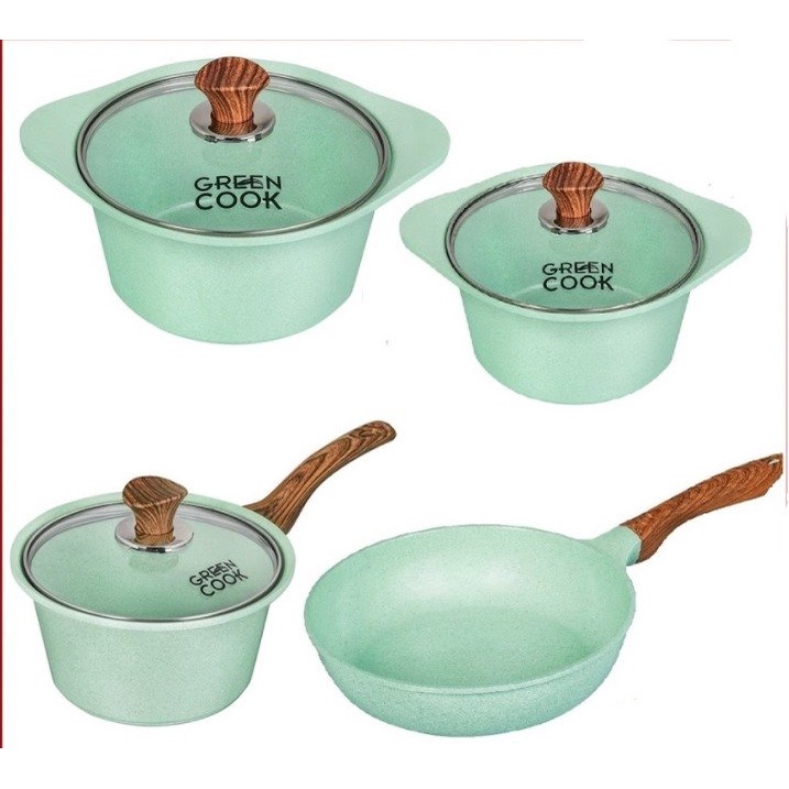 BỘ NỒI CHẢO ĐÚC MEN ĐÁ  đáy từ chống dính men đá xanh ngọc Greencook size 18/20/24 và chảo