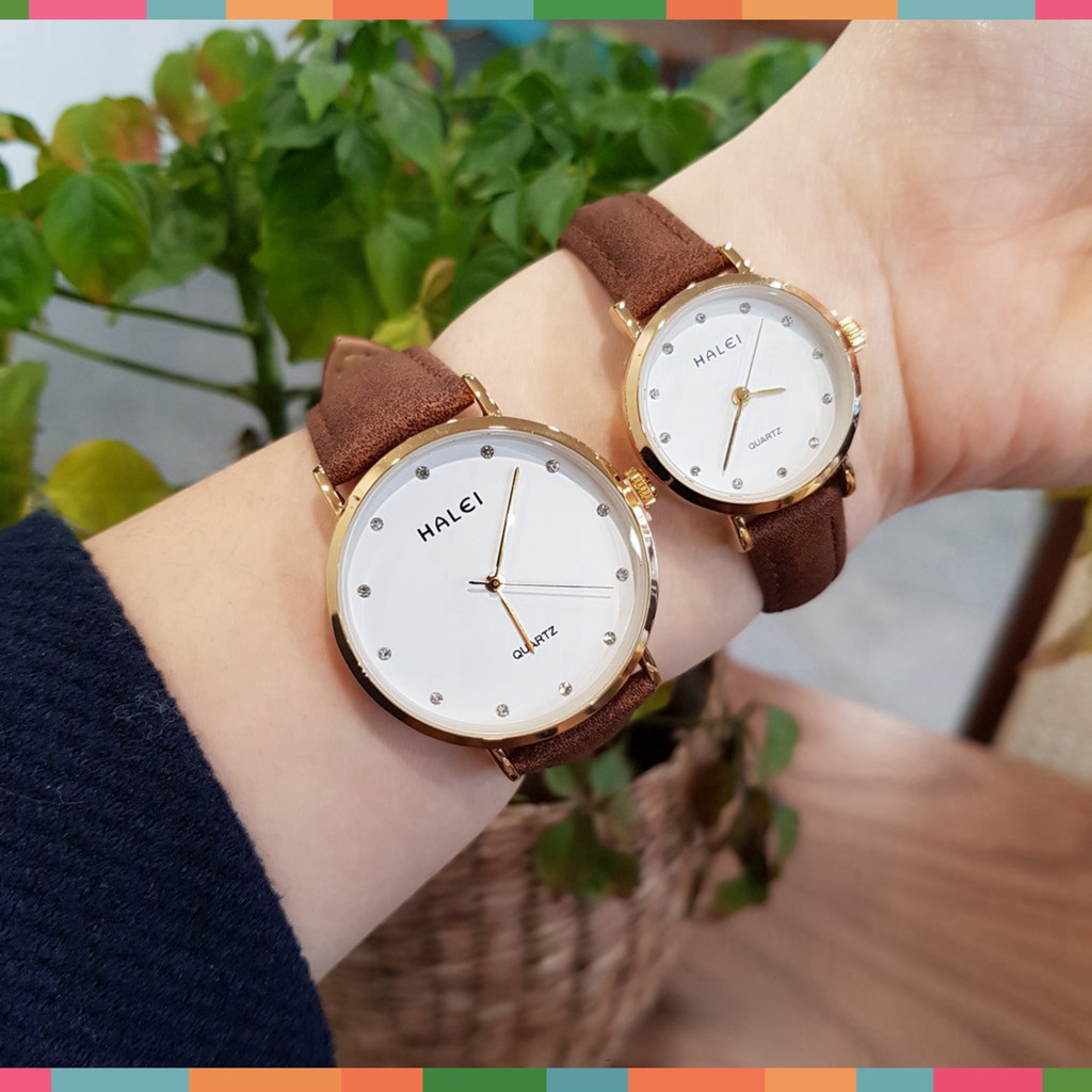 Đồng hồ cặp đôi nam nữ đeo tay Halei dây da chính hãng chống nước Tony Watch 68