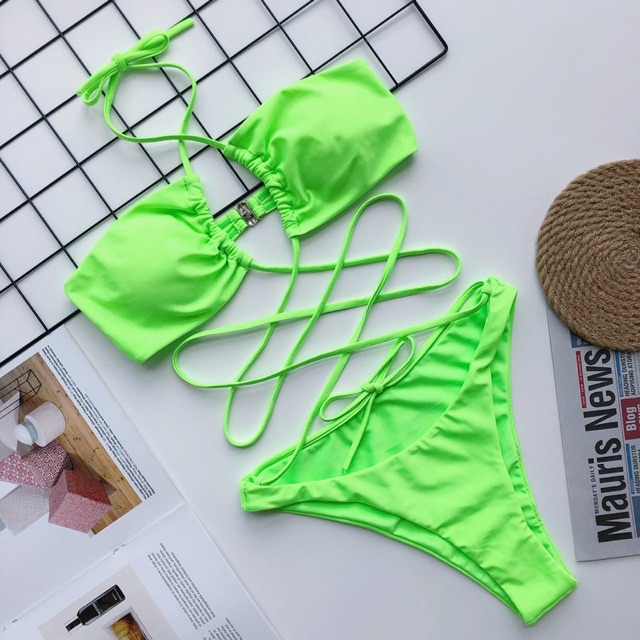 [BKN667] &lt;ÂU&gt; SET BIKINI ĐAN DÂY EO XANH NEON/BEO