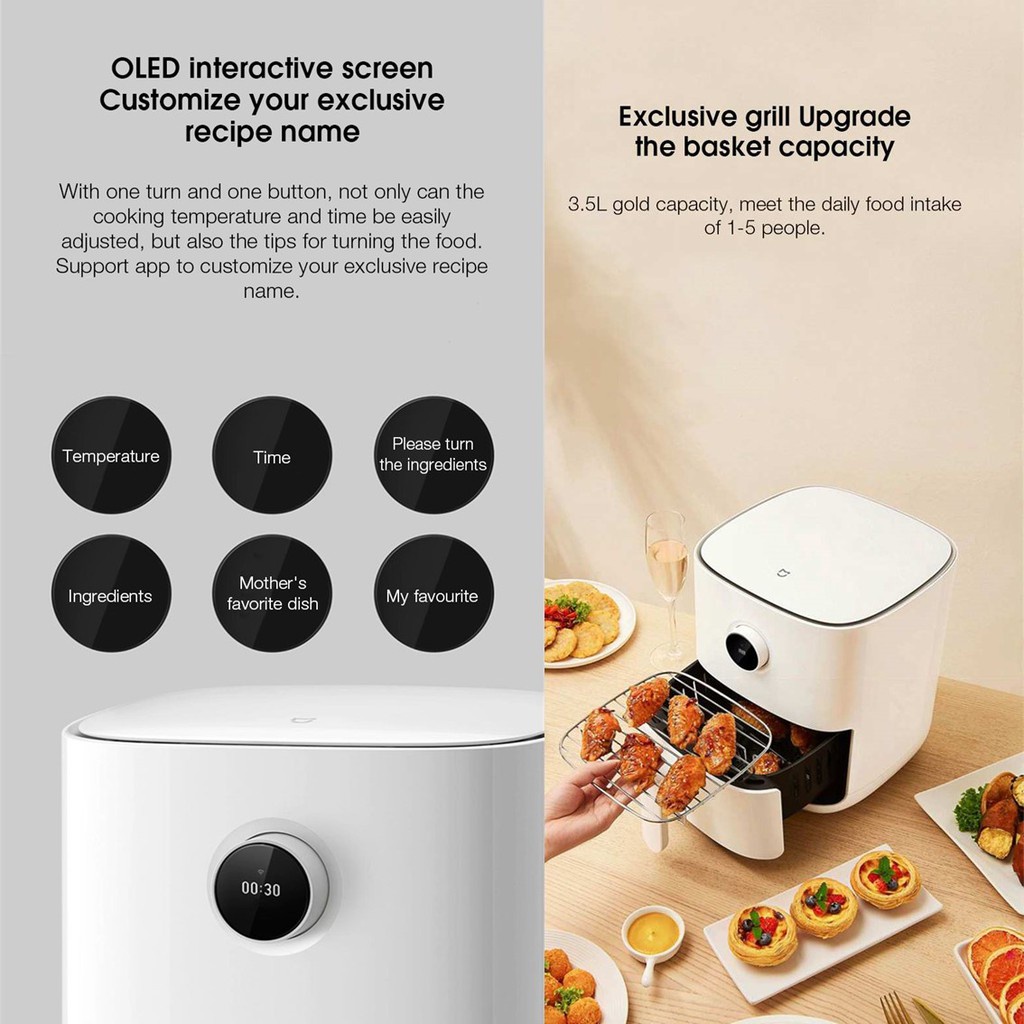 Nồi chiên không dầu thông minh Xiaomi Smart Air Fryer 3.5L OLED Screen, Kết Nối App Mihome, Hẹn Giờ